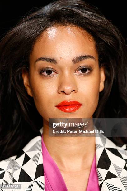 Model Abiba Makoya Bakayoko walks the runway at the Anja Gockel show during the Mercedes-Benz Fashion Week Berlin Spring/Summer 2017 at Erika Hess...