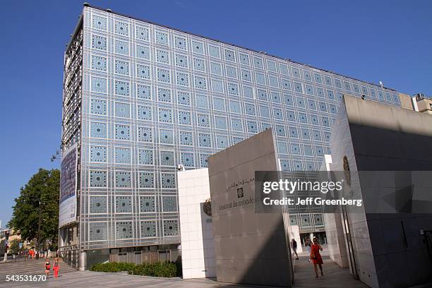 France Europe French Paris 5th arrondissement Arab World Institute AWI Institut du Monde Arabe exterior outside building glass wall.