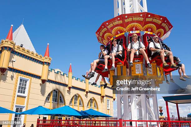 Australia, Sydney, Milsons Point Luna Park amusement thrill ride drop tower teen boy friends.