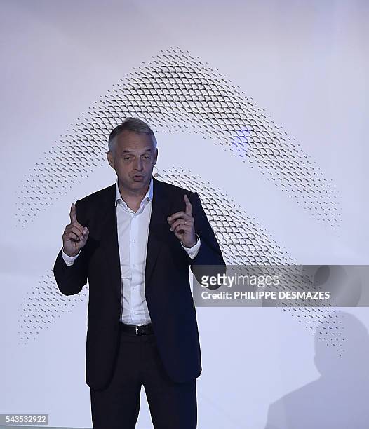 Citroen's Product Director Xavier Peugeot delivers a speech before the unveiling of the new Citroen C3 on June 29, 2016 in Lyon. / AFP / PHILIPPE...