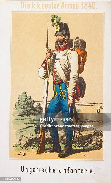 Austrian Military Die k.k. Oester. Armee 1840: Hungarian infantry. About 1880. Coloured lithograph by Franz Gerasch. Printing W. Zoeller / Vienna. .