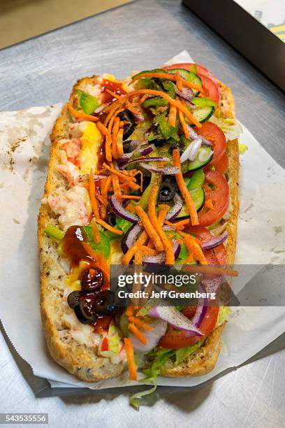 Australia, Sydney, Central Business District CBD Subway sandwiches sandwich shop sub seafood vegetables veggies foot long food open toppings.