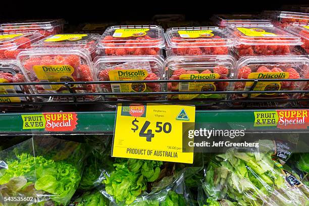 Australia, Victoria Melbourne Central Business District CBD Coles Central grocery store supermarket food sale display produce raspberries Driscoll's...