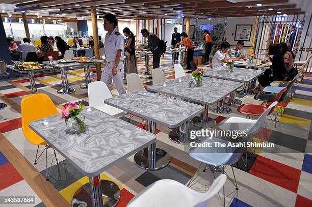 An interior of restaurant 'Chichi-Jima' of the new 'Ogasawara-Maru' ferry during the press preview on June 29, 2016 in Tokyo, Japan. The ferry,...