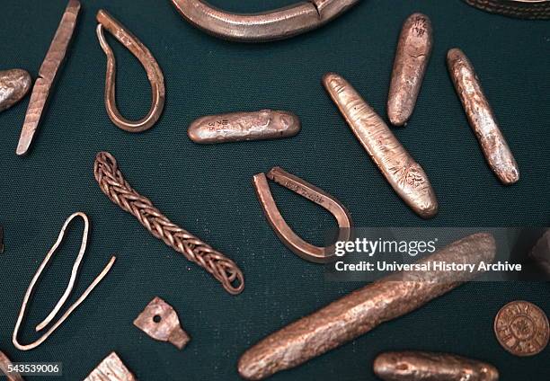 The Cuerdale Hoard, a hoard of more than 8,600 items, including silver coins, English and Carolingian jewellery, hack silver and ingots. Dated 9th...