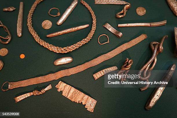 The Cuerdale Hoard, a hoard of more than 8,600 items, including silver coins, English and Carolingian jewellery, hack silver and ingots. Dated 9th...