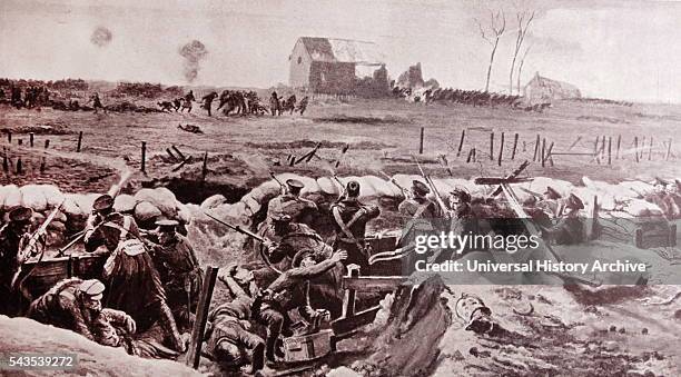 Print depicting British troops in the trenches whilst under attack from the Germans, in the town of Ypres, Belgium. Dated 1914