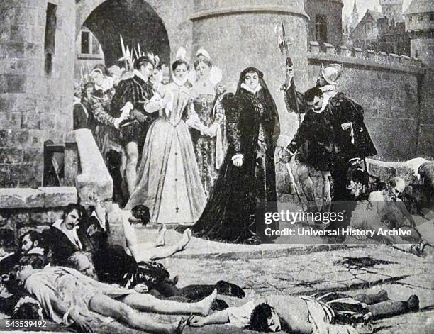 Painting depicting Catherine de Medici viewing the aftermath of the St. Bartholomew's Day massacre. The massacre was a targeted group of...