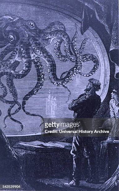 Engraving depicting Captain Nemo observing a giant octopus, from Jules Verne's '20,000 Leagues under the Sea.' Dated 19th Century