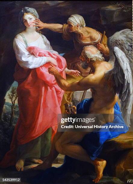 Painting titled 'Time orders Old Age to Destroy Beauty' by Pompeo Girolamo Batoni an Italian painter. Dated 18th Century`