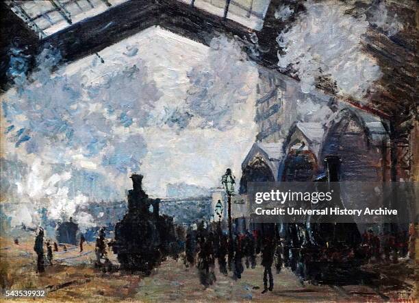 Painting titled 'Gare Saint Lazare' by Claude Monet French Impressionist painter. Dated 19th Century