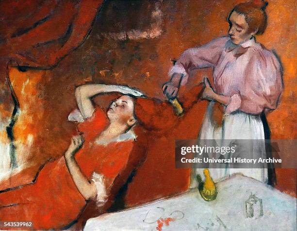 Painting titled 'Combing the Hair ' by Edgar Degas a French artist famous for his paintings, sculptures, prints, and drawings. Dated 19th Century