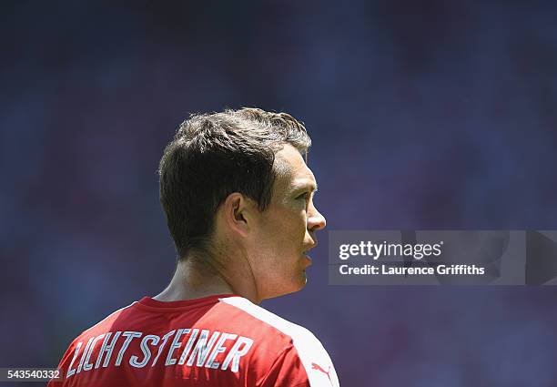 Stephan Lichtsteiner of Switzerland looks on during the UEFA Euro 2016 Round of 16 match between Switzerland and Poland at Stade Geoffroy-Guichard on...