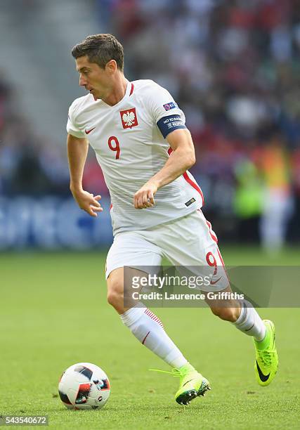 Robert Lewandowski of Poland in action during the UEFA Euro 2016 Round of 16 match between Switzerland and Poland at Stade Geoffroy-Guichard on June...