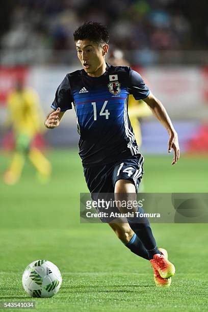 Yuta Toyokawa of Japan in action during the U-23 international friendly match between Japan and South Africa at the Matsumotodaira Football Stadium...