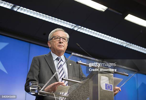 Jean-Claude Juncker, president of the European Commission, looks on during a news conference at a meeting of 27 European Union leaders in Brussels,...