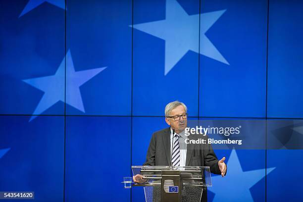 Jean-Claude Juncker, president of the European Commission, speaks during a news conference at a meeting of 27 European Union leaders in Brussels,...