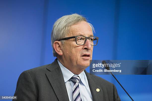 Jean-Claude Juncker, president of the European Commission, speaks during a news conference at a meeting of 27 European Union leaders in Brussels,...