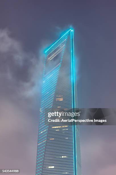 shanghai world financial center (swfc) at night - swfc stock pictures, royalty-free photos & images