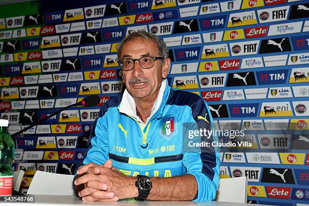 Doctor of Italy Enrico Castellacci speaks with the media during a press conference at Casa Azzurri on June 29, 2016 in Montpellier, France.