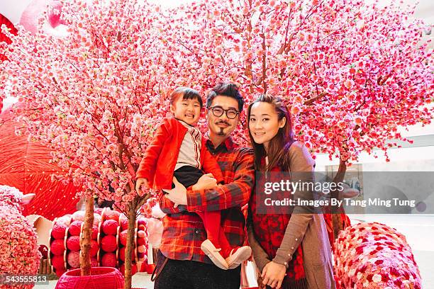 a happy family portrait in front of cny decoration - chinese young adults shopping imagens e fotografias de stock