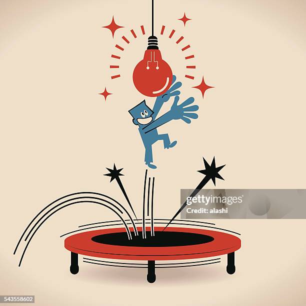 happy businessman catching idea light bulb by jumping on trampoline - trampoline jump stock illustrations