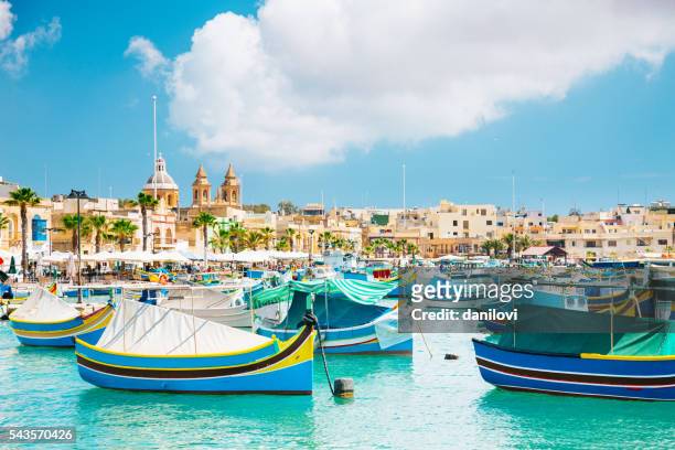 marsaxlokk harbor, malta - malta boat stock pictures, royalty-free photos & images