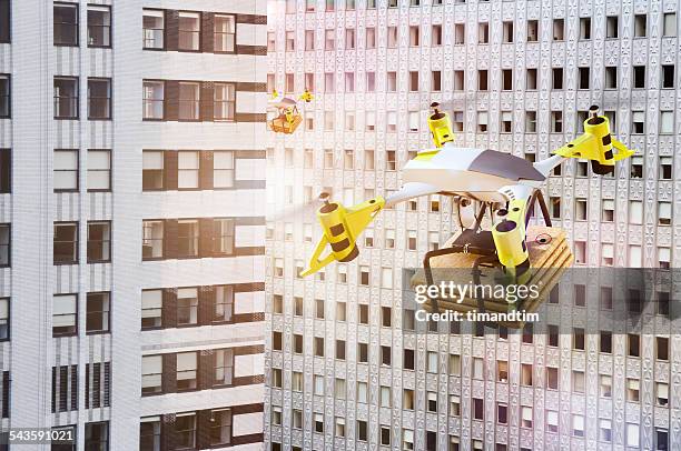 Drones delivering pizza among skyscrapers