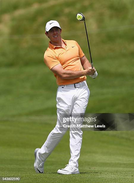 Rory McIlroy of Northern Ireland in action during a pro-am round ahead of the 100th Open de France at Le Golf National on June 29, 2016 in Paris,...