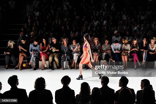 Model Fata Hasanovic walks the runway at the Anja Gockel show during the Mercedes-Benz Fashion Week Berlin Spring/Summer 2017 at Erika Hess...