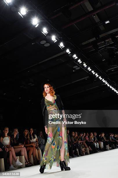 Model walks the runway at the Anja Gockel show during the Mercedes-Benz Fashion Week Berlin Spring/Summer 2017 at Erika Hess Eisstadion on June 29,...