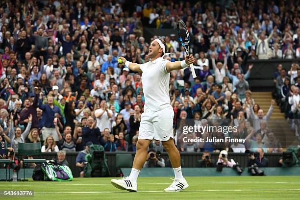 Marcus Willis of Great Britain celebrates winnig a point during the Men's Singles second round match against Roger Federer of Switzerland on day...