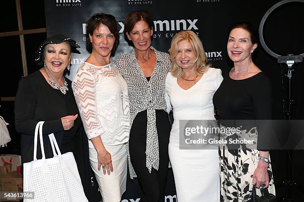 Barbara Schoene, Janina Hartwig, designer Eva Lutz, Sabine Postel and Gudrun Landgrebe attend the Minx by Eva Lutz show during the Mercedes-Benz...