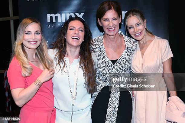 Regina Halmich, Christine Neubauer, designer Eva Lutz and Xenia Seeberg attend the Minx by Eva Lutz show during the Mercedes-Benz Fashion Week Berlin...