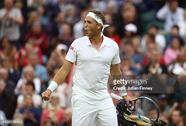 Marcus Willis of Great Britain celebrates winnig a point during the Men's Singles second round match against Roger Federer of Switzerland on day...
