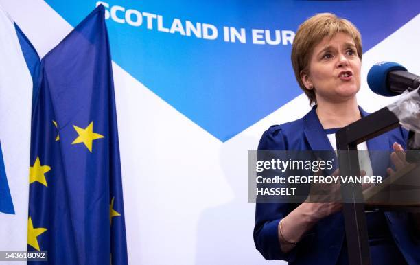 Scotland's First Minister Nicola Sturgeon delivers a speech during a media conference at the Scotland House in Brussels as she is on a one day visit...