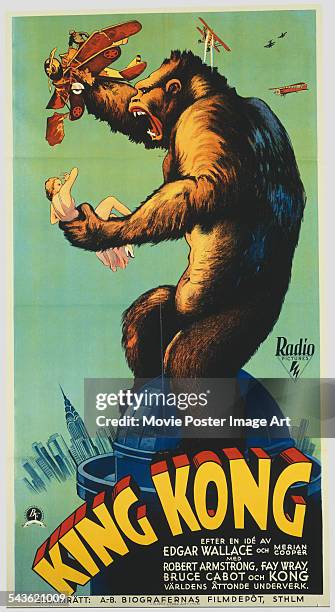 Poster for the Swedish release of Merian C. Cooper's 1933 adventure film, 'King Kong'. The film stars Fay Wray and Bruce Cabot.