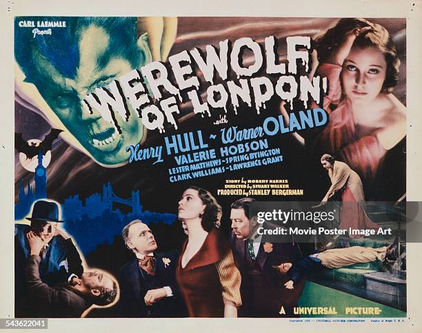 Poster for the US release of Stuart Walker's 1935 Horror film, 'Werewolf Of London'. The film stars Henry Hull , Valerie Hobson and Warner Oland .