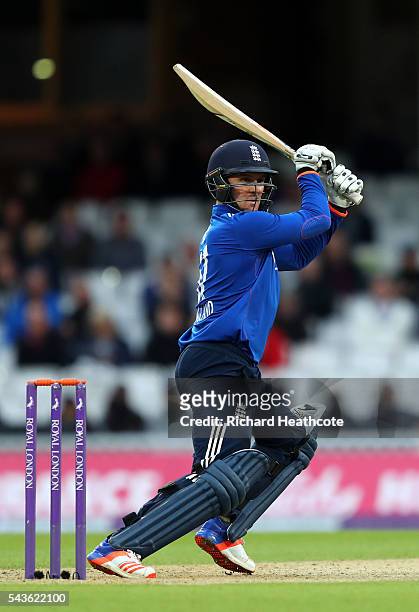 Jason Roy of England hits a cut during the 4th Royal London ODI between England and Sri Lanka at The Kia Oval on June 29, 2016 in London, England.
