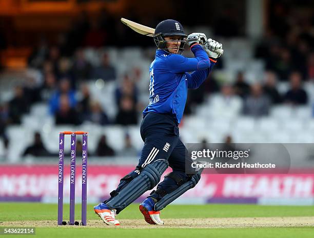 Jason Roy of England hits a cut during the 4th Royal London ODI between England and Sri Lanka at The Kia Oval on June 29, 2016 in London, England.