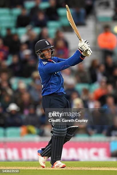 Jason Roy of England hits out for six runs during the 4th ODI Royal London One Day International match between England and Sri Lanka at The Kia Oval...