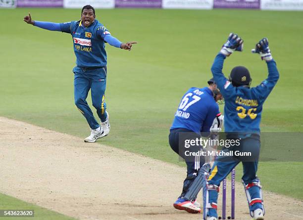 Angelo Mathews of Sri Lanka makes an unsuccessful appeal for a wicket during the 4th Royal London One-Day International between England and Sri Lanka...