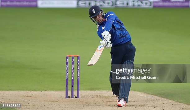 Jason Roy of England hits the ball for four runs during the 4th Royal London One-Day International between England and Sri Lanka at The Kia Oval...