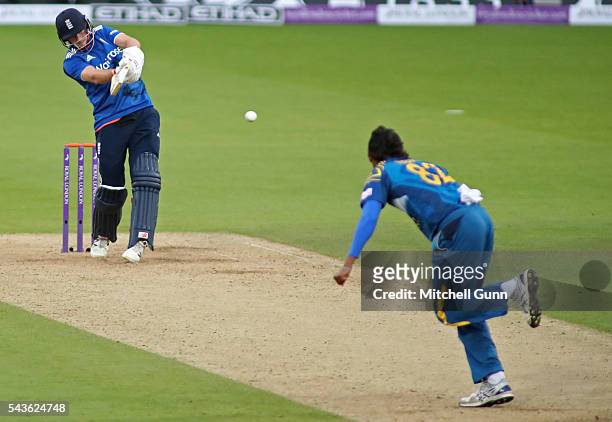 Joe Root of England hits the ball for four runs off the bowling of Suranga Lakmal of Sri Lanka during the 4th Royal London One-Day International...
