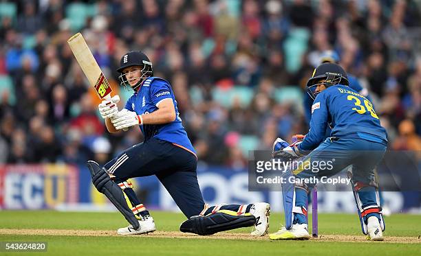Joe Root of England bats during the 4th ODI Royal London One Day International match between England and Sri Lanka at The Kia Oval on June 29, 2016...