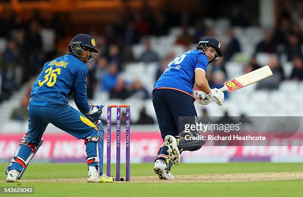 Joe Root of England reverse sweeps during the 4th Royal London ODI between England and Sri Lanka at The Kia Oval on June 29, 2016 in London, England.
