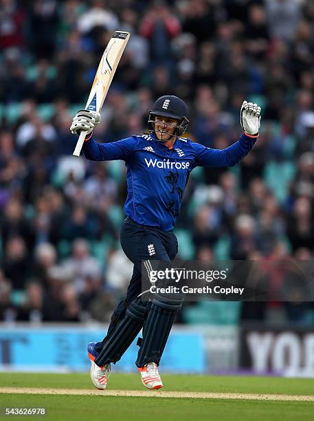 Jason Roy of England celebrates reaching his century during the 4th ODI Royal London One Day International match between England and Sri Lanka at The...