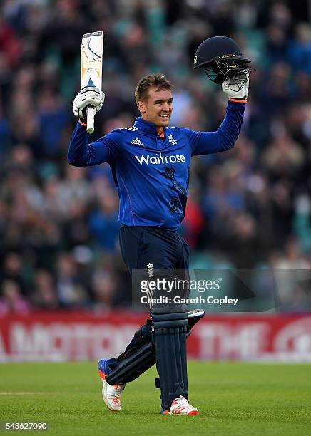 Jason Roy of England celebrates reaching his century during the 4th ODI Royal London One Day International match between England and Sri Lanka at The...