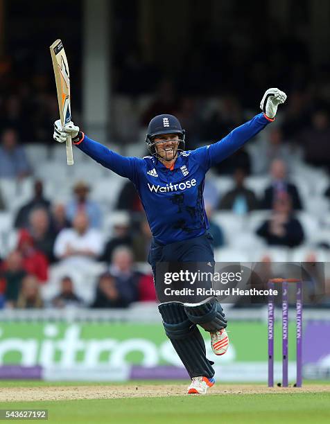 Jason Roy of England celebrates reaching his century during the 4th Royal London ODI between England and Sri Lanka at The Kia Oval on June 29, 2016...