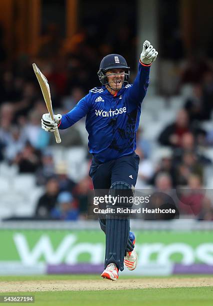 Jason Roy of England celebrates reaching his century during the 4th Royal London ODI between England and Sri Lanka at The Kia Oval on June 29, 2016...